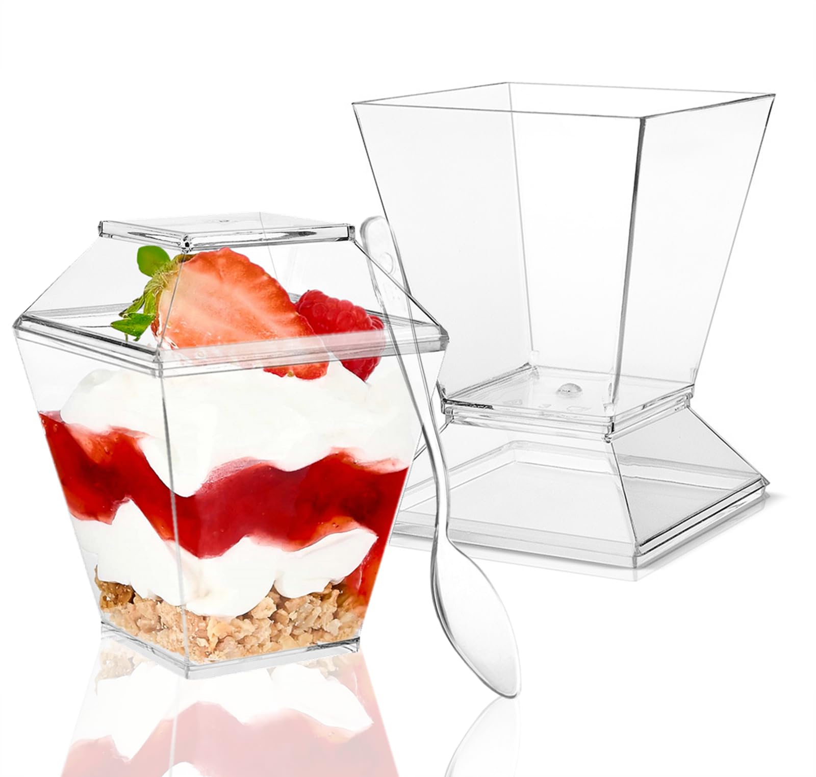 TOFLEN Paquete de 50 mini vasos de postre de 3.5 onzas con tapas rígidas y cucharas, vasos cuadrados de plástico transparente para servir postres, vasos para servir aperitivos de parfait y vasos de