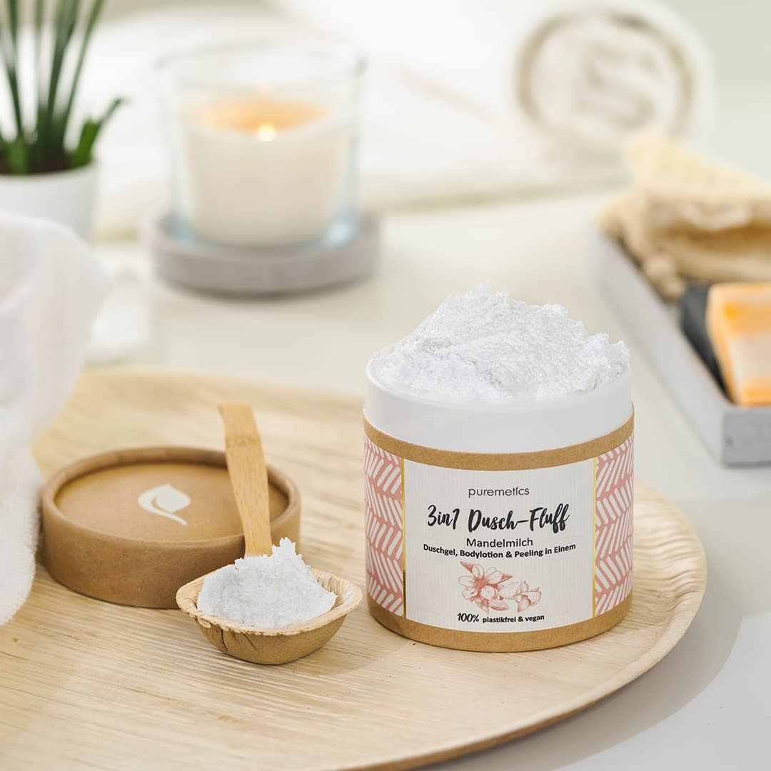 puremetics 3-in-1 Dusch-Fluff Almond Milk with Sugar Scrub, 250 g Shower Gel, Peeling and Lotion in One, Vegan and Plastic-Free - Image 4