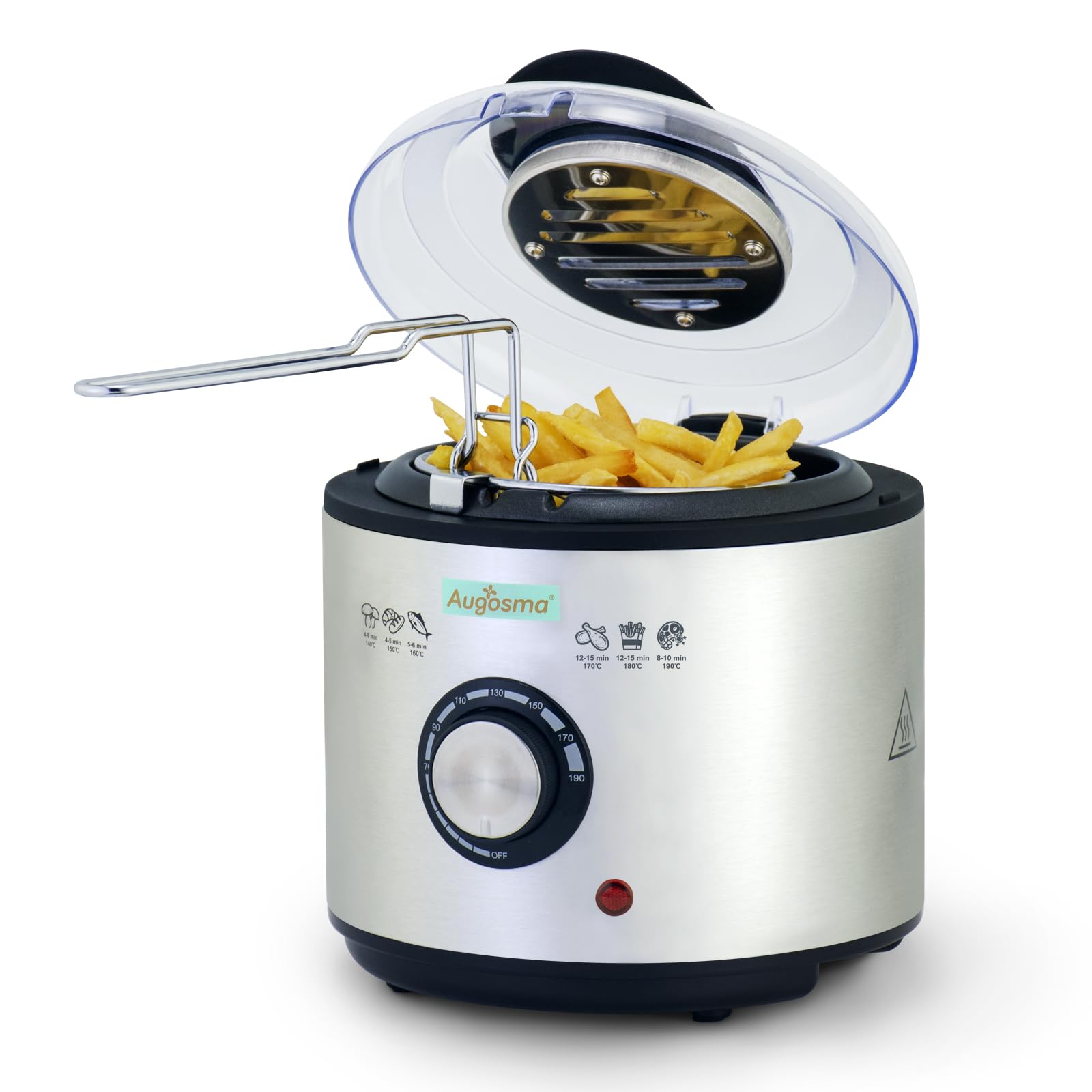 Mini friteuse à huile | 850-950 W l Capacité : 1 l l Fenêtre de visualisation l Panier à friture en acier inoxydable l Température réglable l Isolation thermique l Revêtement en caoutchouc