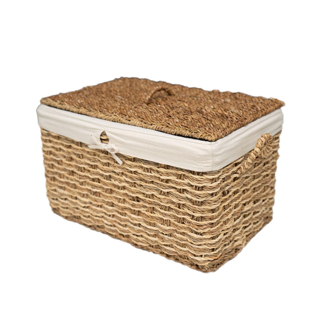 Arthur Cameron Beige - Feni Lidded Seagrass Storage Basket – Home Decor Storage For Farmhouse Living Room Accessories & Toy Storage (Medium)