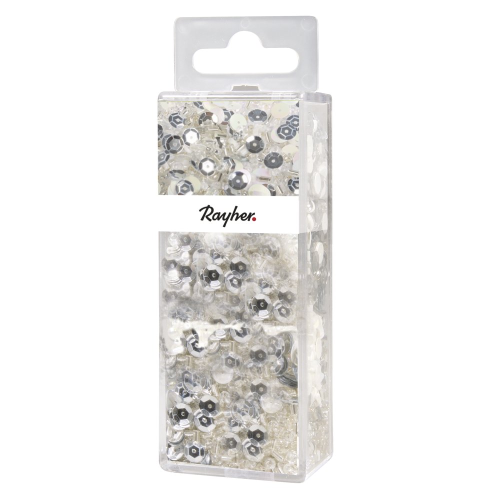 RAYHER Sequins/Glass Beads Mix/Wire, Silver, 50 m, 0.3 mm, 80 g