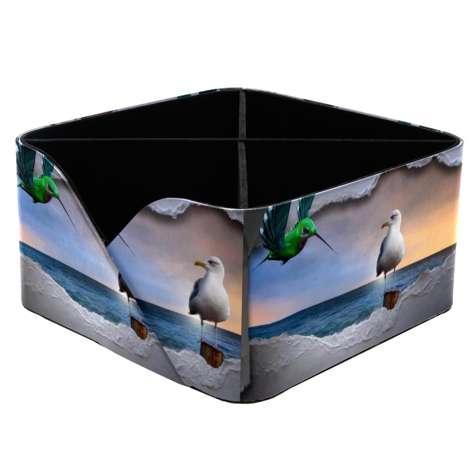 KengjuTesu Hummingbird and Seagull Desktop Organizer Pen Holder, Rectangular Pencil Cup for Office, Study and Makeup Stations
