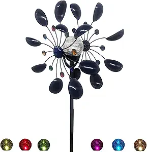 NUENUN Wind Spinner Outdoor Metal - Multi-Color Seasonal LED Lighting Solar Powered Glass Ball with Kinetic Wind Spinner Dual Direction for Patio Lawn & Garden (Blue with Light)
