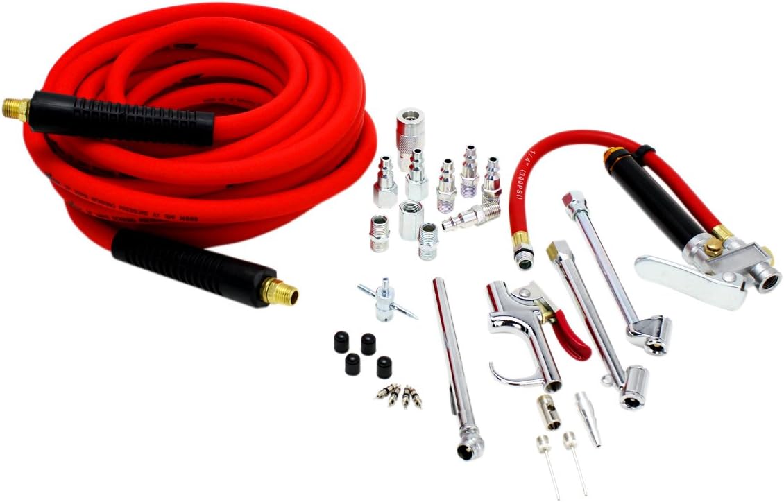 EXELAIR by Milton (MK3825BGIG) Bundle: Pneumatic Blow Gun, Tire Inflator Gauge, Dual Chuck, 25' Cobra Flex Air Hose & Air Accessory Kit, (28-Piece)