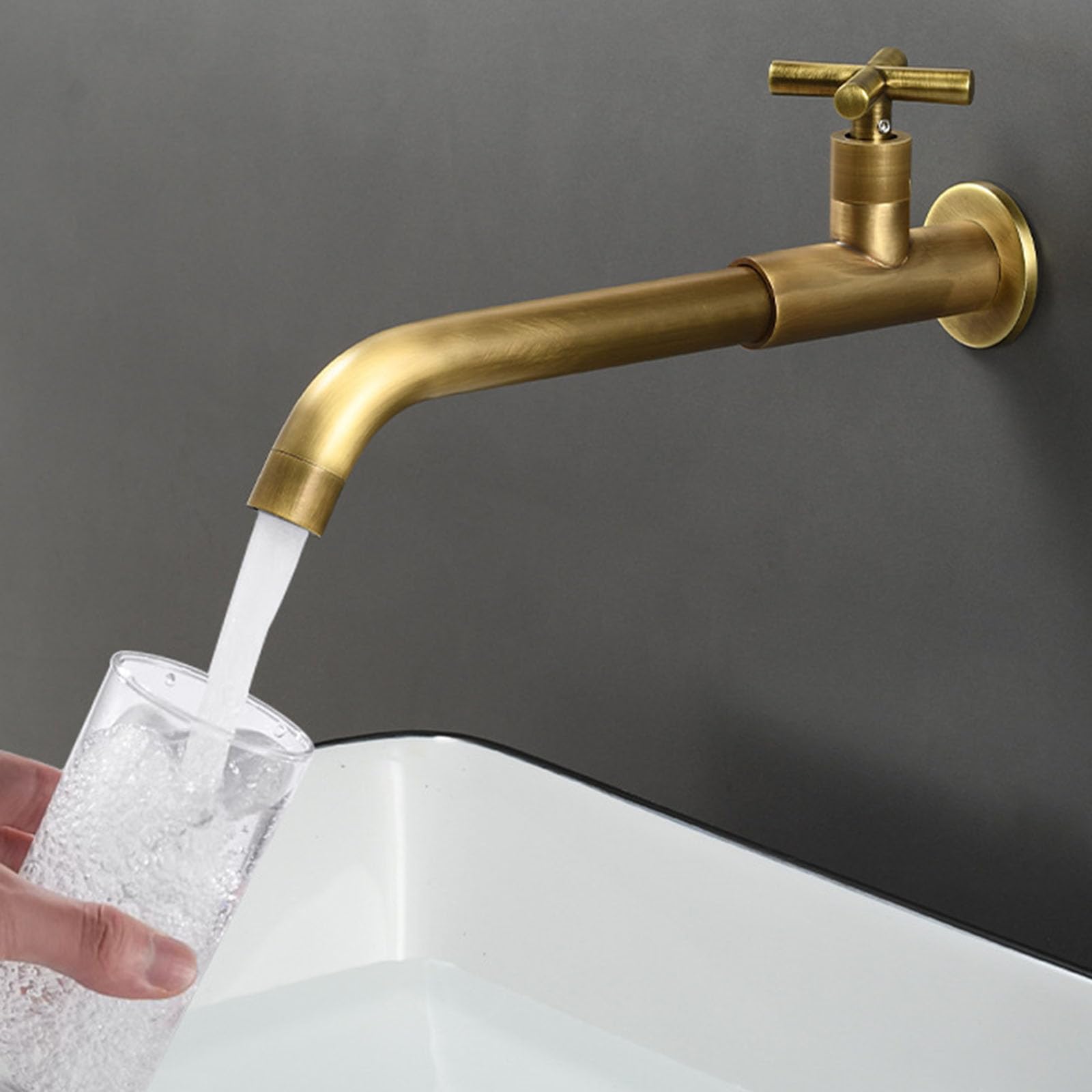Grifos para Lavabos de Baño Antiguo Grifo de Fregadero de Latón Grifo de Lavabo Agua Fria de Pared Grifo Cocina Fregadero Caño Largo Grifo Giratorio,Color Antiguo,23Cm