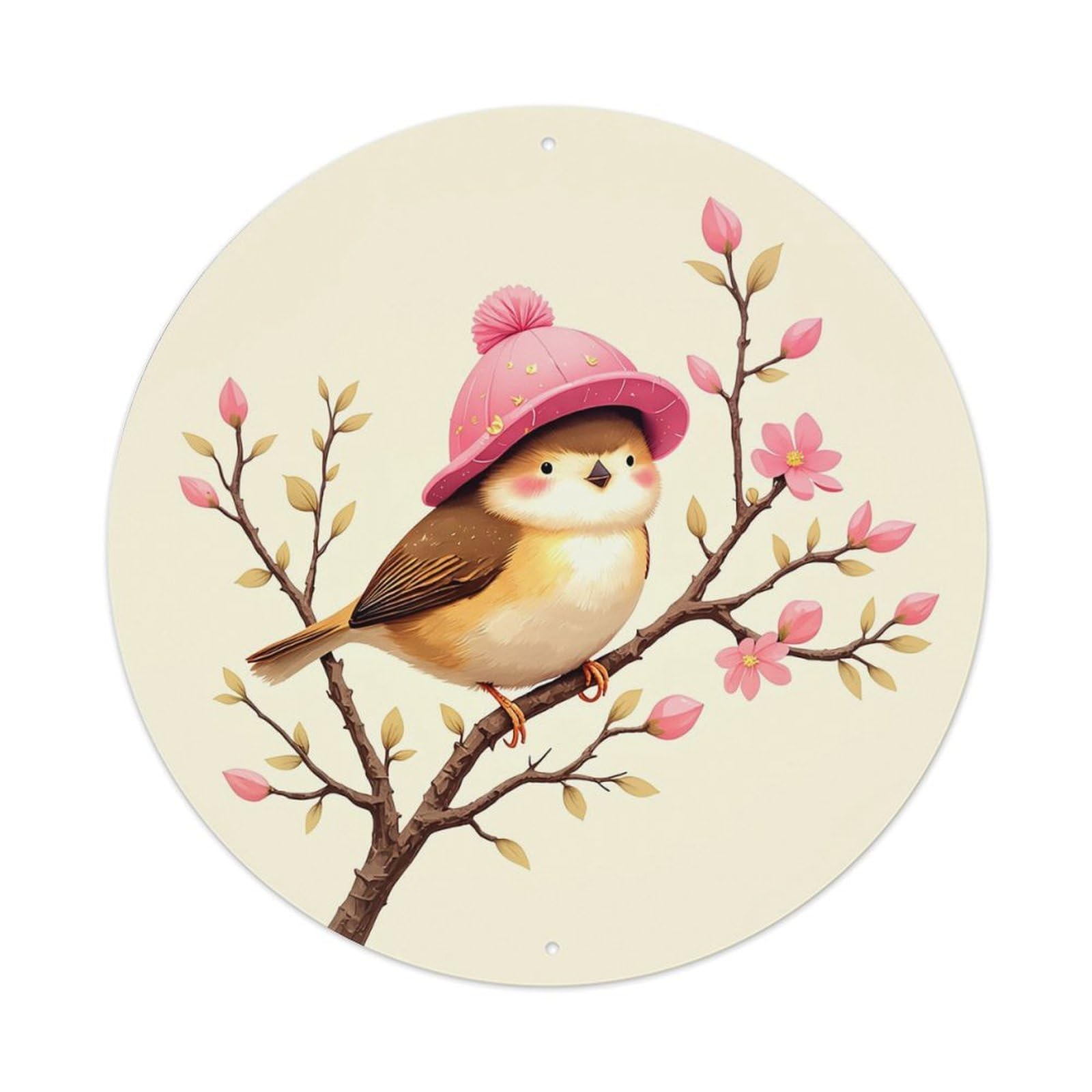 Bird Wearing Pink Hat On Blossom Branch Retro Metal Sign Round Tin Sign, Vintage Decor Art Poster for Bar, Home, Man Cave, Kitchen, Laundry Room Gift 8x8Inch