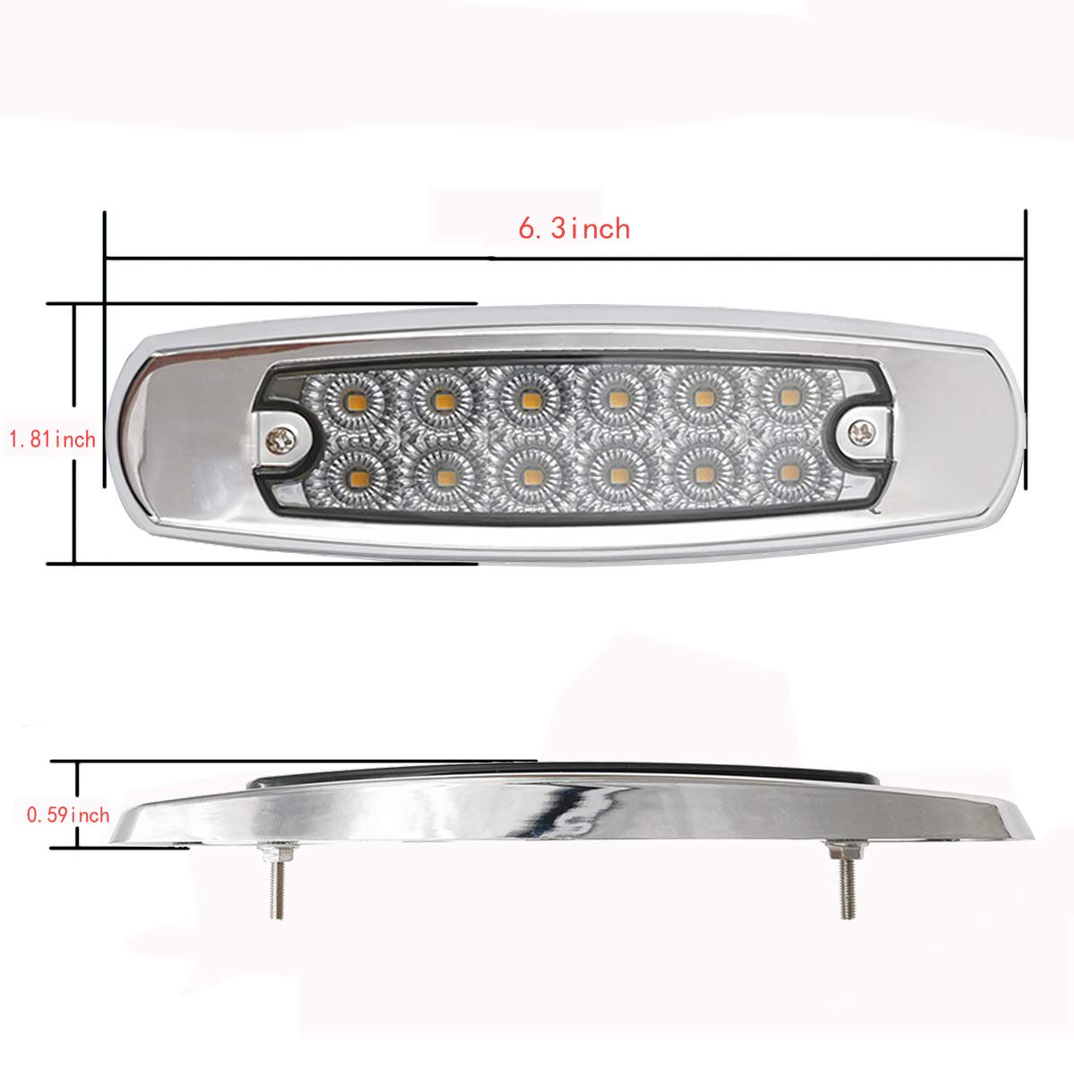 10 x 6,3 cala 12 V LED boczny obrysowy światło 12 diod LED do przyczepy, uszczelnione bursztynowe prostokątne 12-LED znacznik i światła prześwitujące z chromowaną ramą (białe)