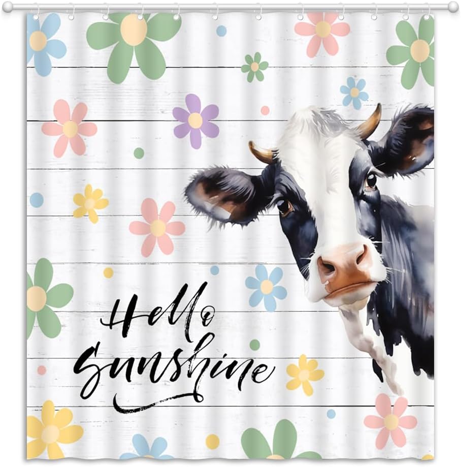 Funny Cow Shower Curtain Spring Summer Hello Sunshine Cattle Rustic Wooden Board Retro Floral Fabric Bathroom Decor Curtains with Hooks