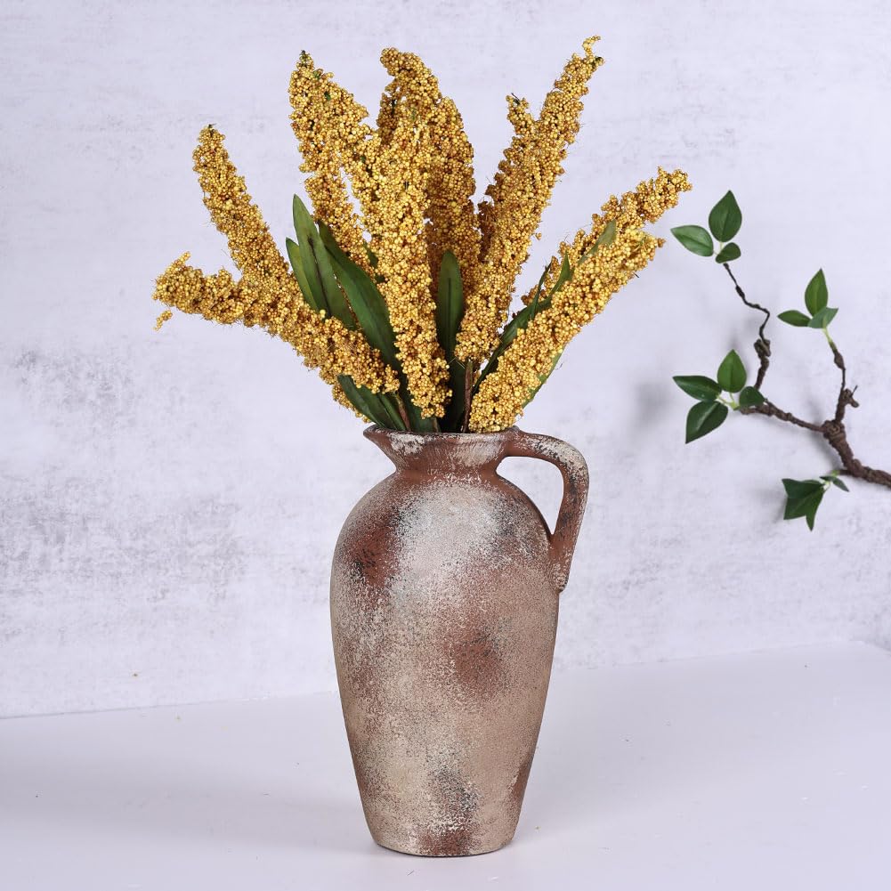 Jarrón de cerámica antigua de 9.3 pulgadas con asa, jarrón de terracota, jarrones de granja, decoración del hogar, estante de libros, sala de estar, entrada, boda, mesa central, diseño de jarrón de