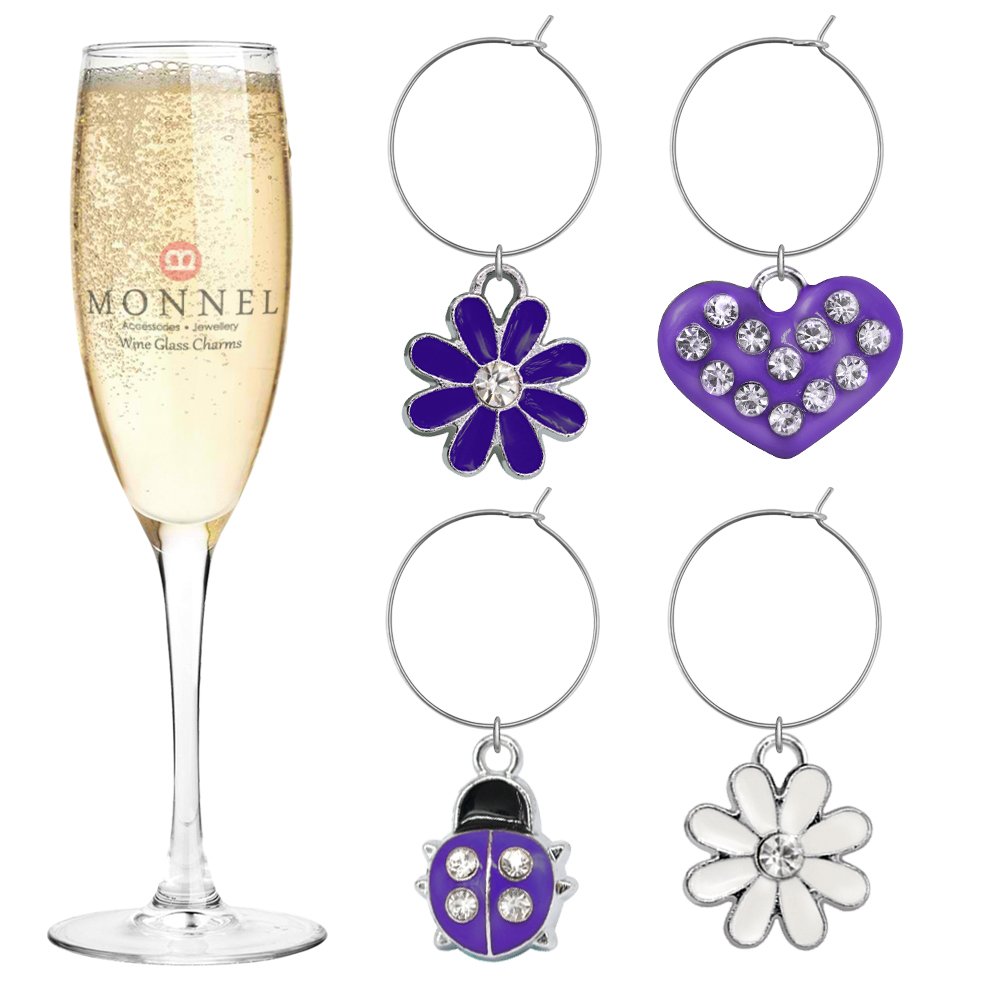 P407 Cute Purple Heart Ladybugs Flower Wine Charms Glass Marker for Party with Velvet Bag- Set of 4