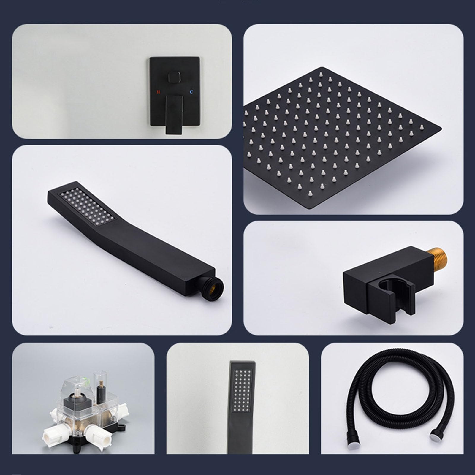 Nowoczesny ukryty zestaw mieszaczy prysznicowych z głowicą prysznicową z deszczownicą 20 x 20 cm, montowany na ścianie G1/2, szara armatura łazienkowa do spa