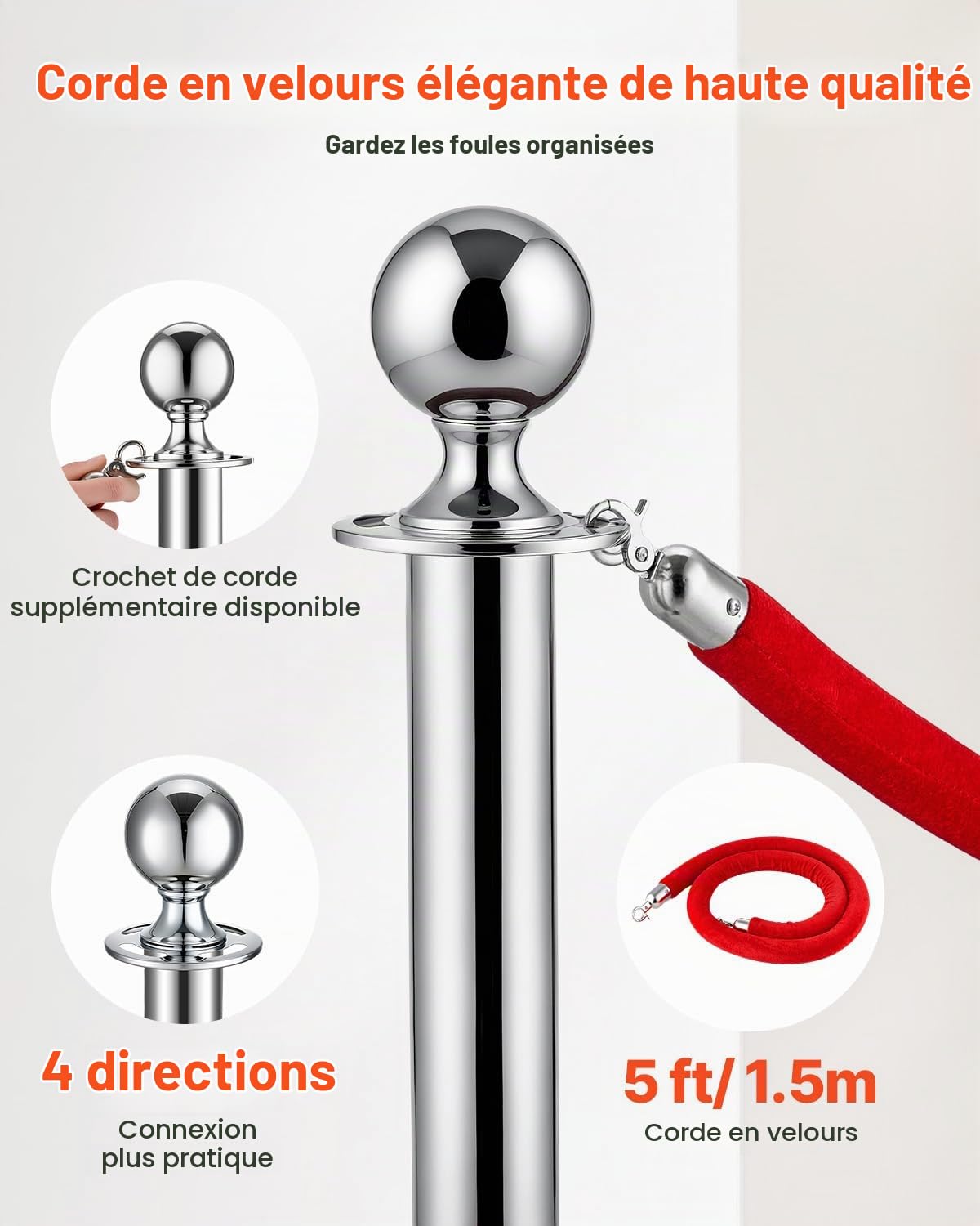 VEVOR Poteau de guidage, 6 pcs, barrière de balisage pour contrôle de foules, avec base creuse, 3 cordes velours rouge et poteaux argentés en acier inox, pour file d'attente en public, hôtel, fête