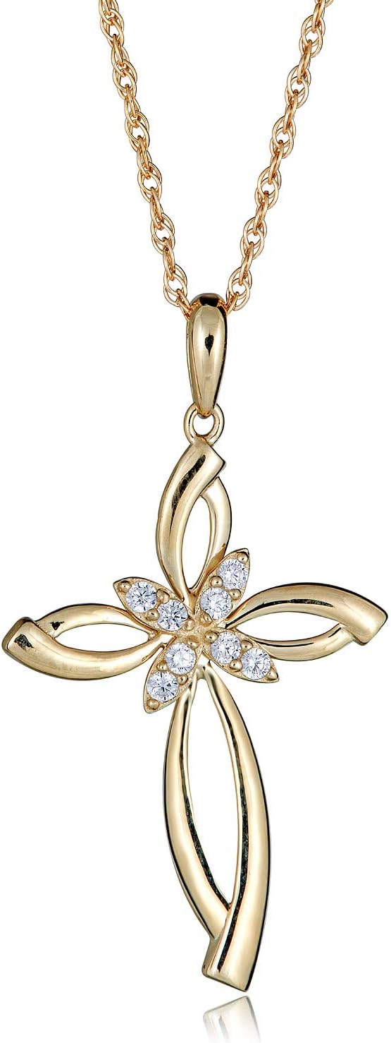 AVORA 10K Yellow Gold Simulated Diamond CZ Open Cross and Flower Pendant Necklace with 18" Chain
