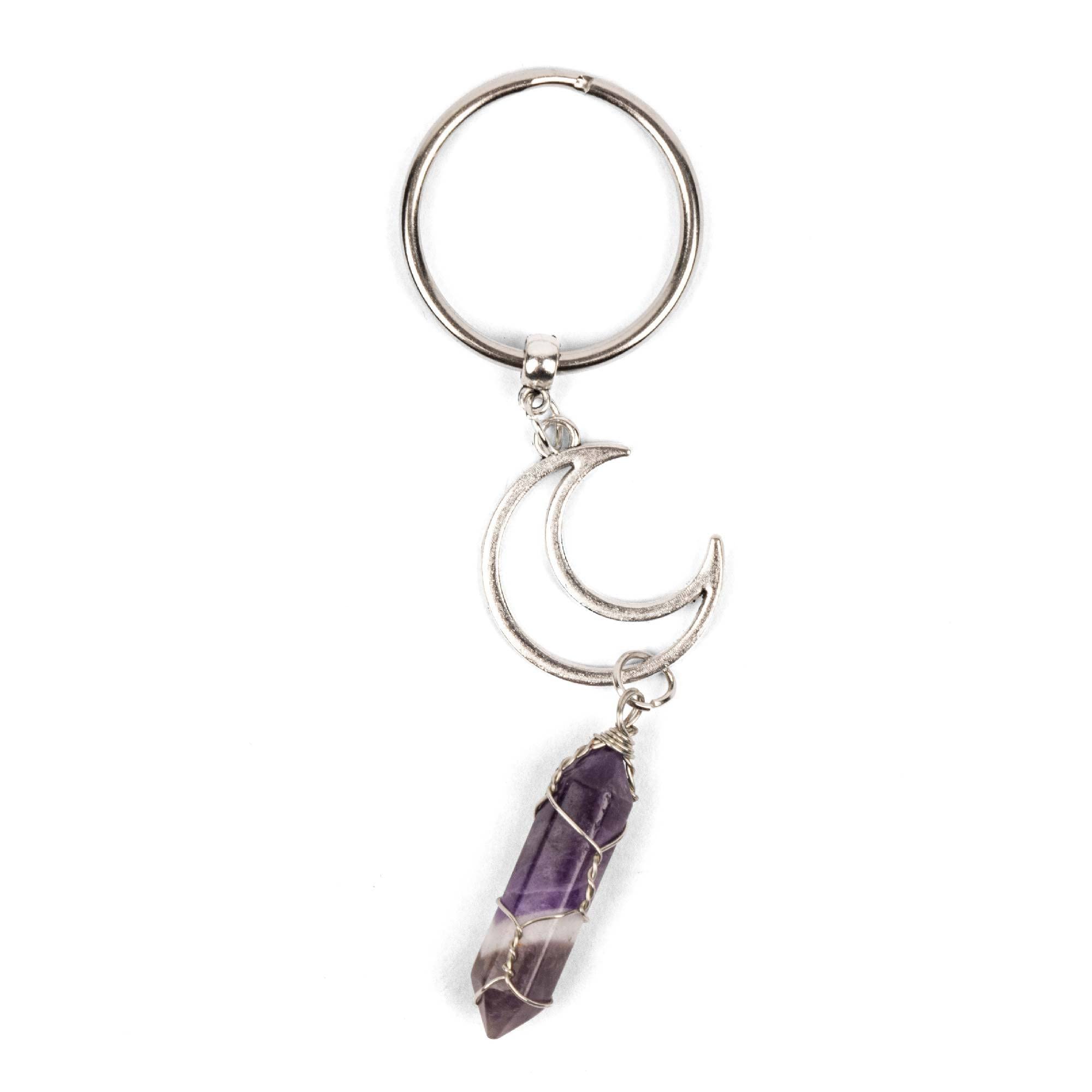 Myga Crescent Moon & Amethyst Keychain - Handmade Finely Crafted Keyring - Know As The Master Crystal, Ensures Power & Protection