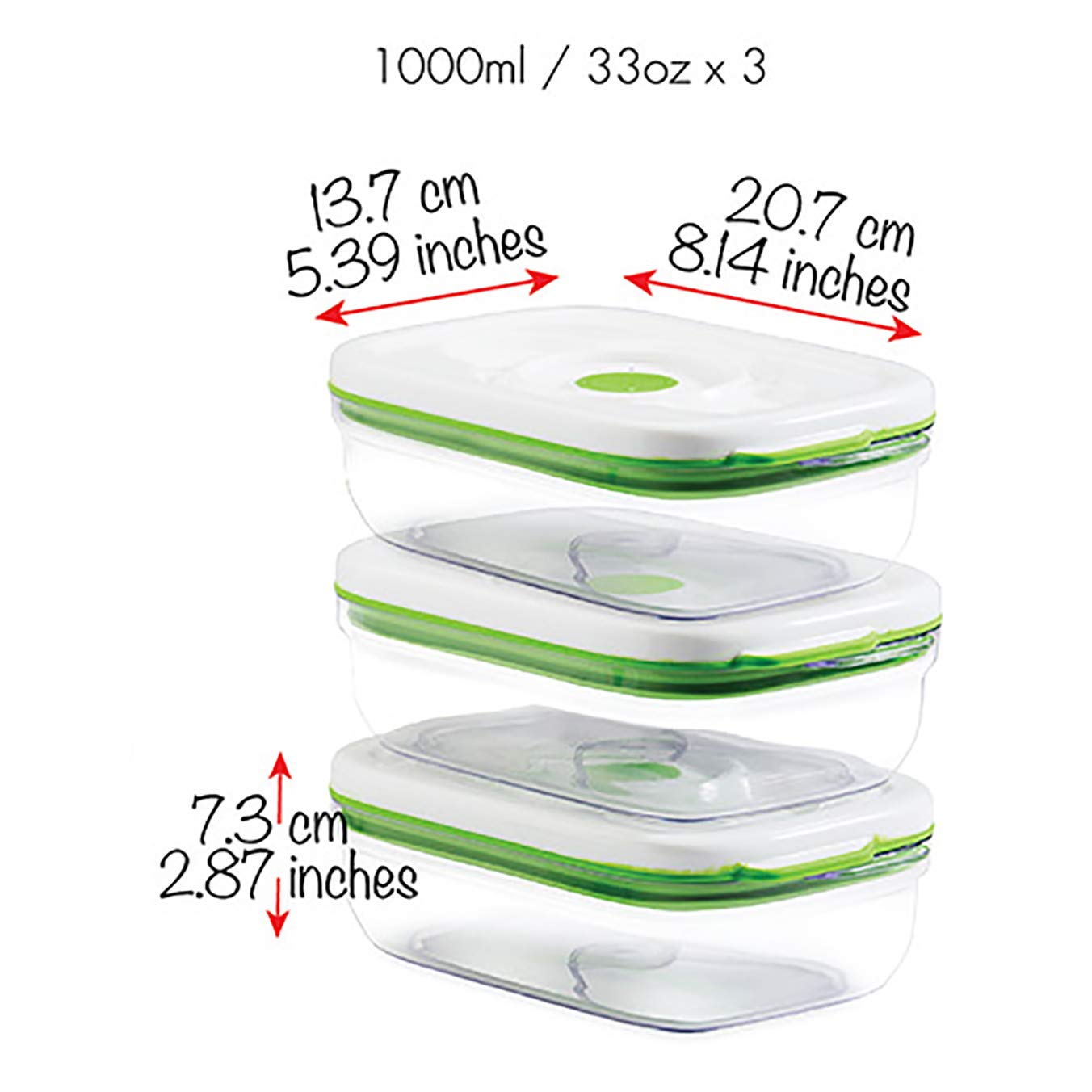 FOSA Juego de 3 Recipientes para Alimentos al Vacío 1L - Tuppers Rectangulares Herméticos para Conservar Comida Fresca - Material Libre de BPA - Compatible con Sistema (Bomba No Incluida)