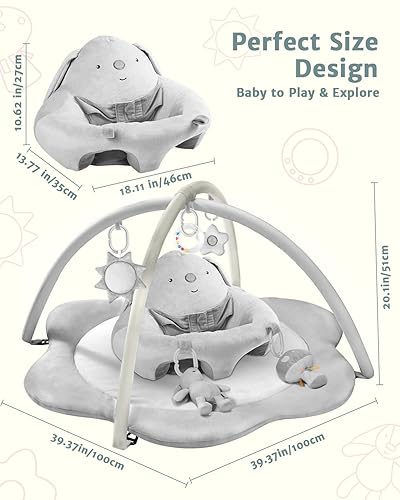 Miniatura 5 de Alfombra de juego 3 en 1, asientos de bebé para bebés para sentarse, alfombrilla de tiempo boca abajo con 5 juguetes desmontables, gimnasio de