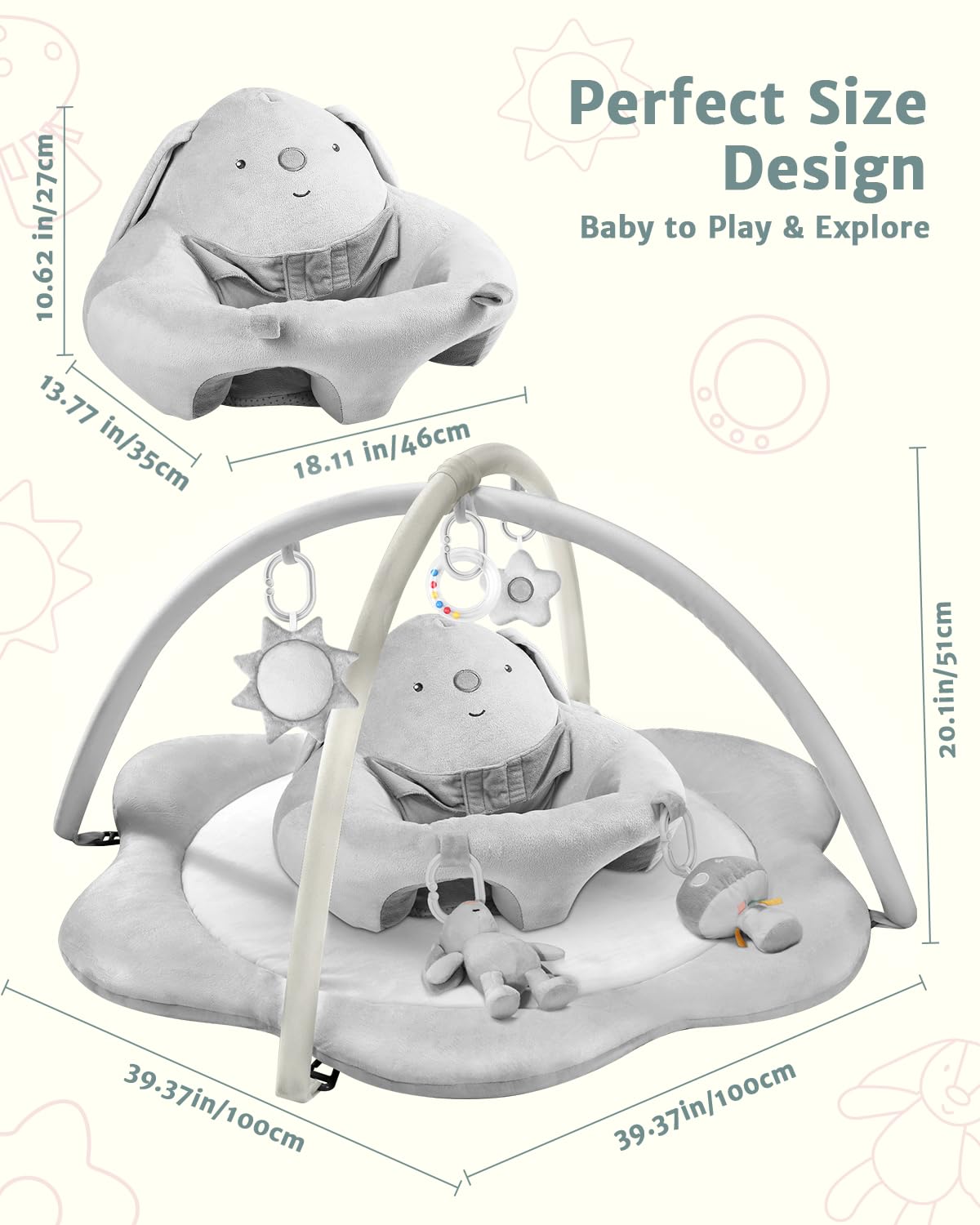 Suihuooo 3‑in‑1 Baby Spielmatte mit Sitzfunktion, blumenförmige Krabbelmatte, Spielzentrum für Babys von 0‑12 Monaten,Grau