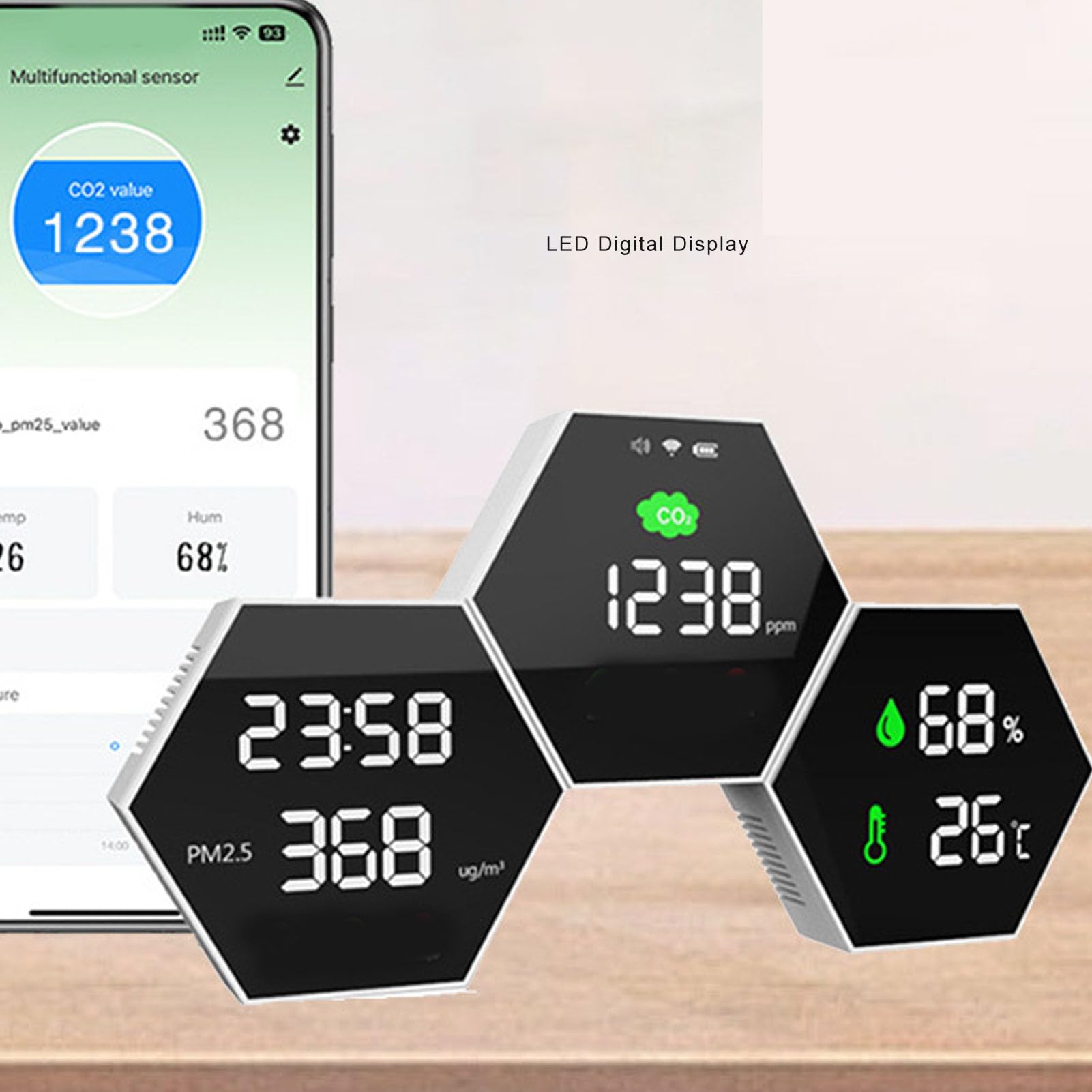 Detector de Calidad del Aire Interior, Monitor de CO2 y PM2.5 | Monitorización de Datos en Tiempo Real, Calibración Manual del Sensor, Brillo Ajustable, Autonomía de 24 Horas