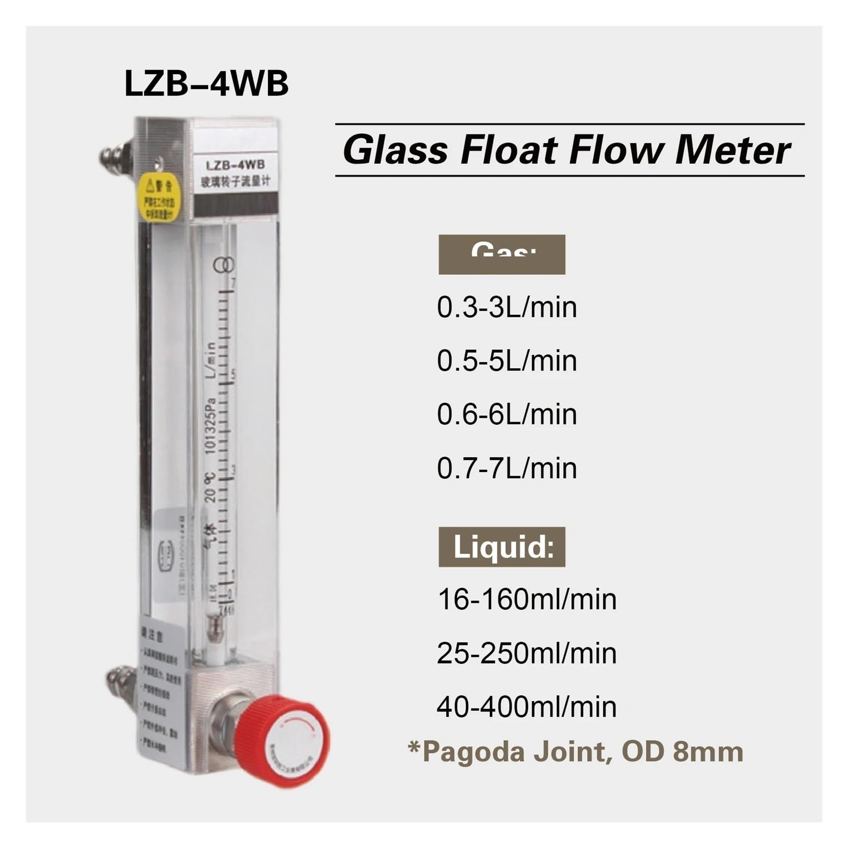 Medidor de Flujo de Tubo de Vidrio LZB-4WB, rotámetro for Aire líquido, Agua, nitrógeno Ajustable(0.5-5L-min)