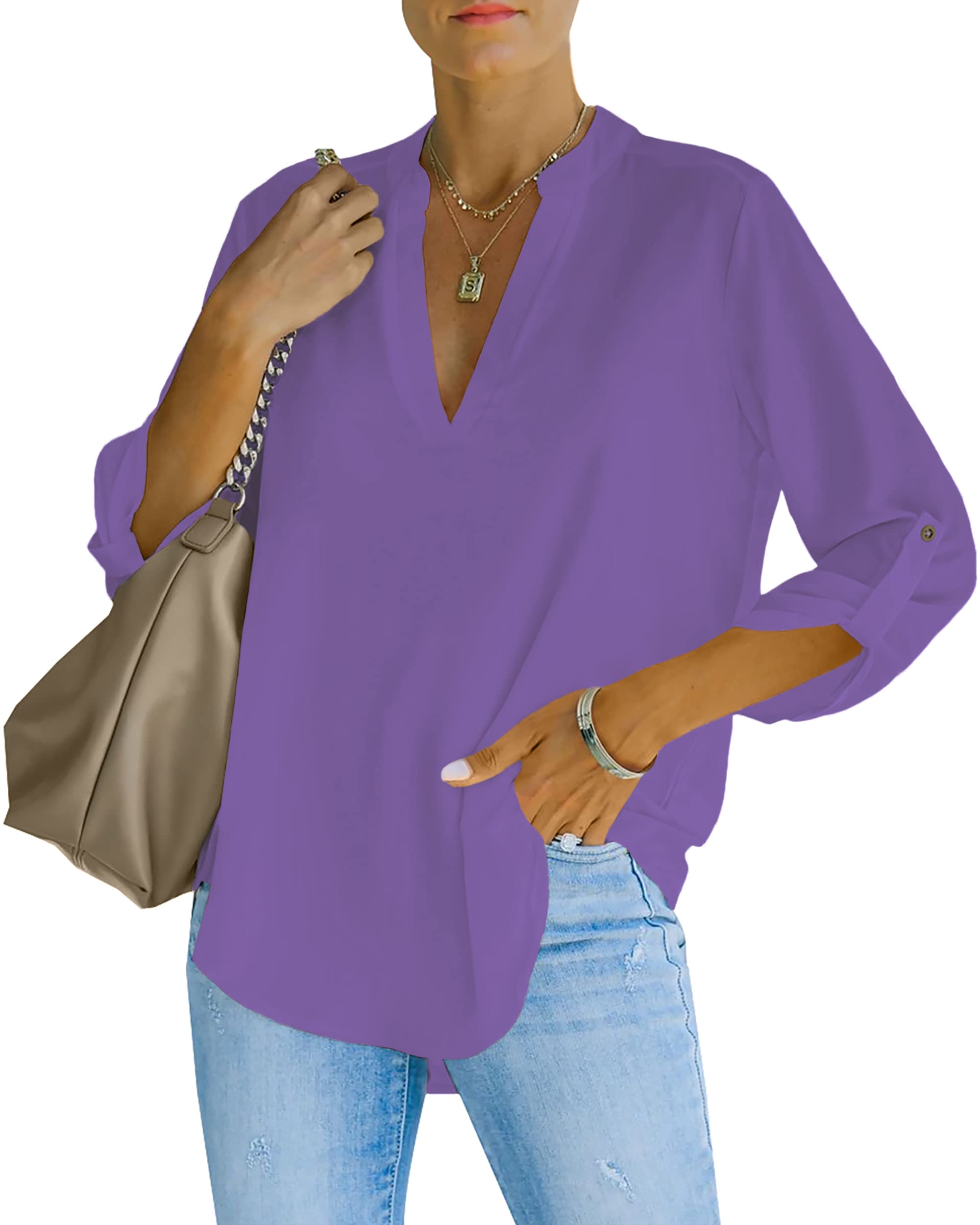 NONSAR Camicetta da donna Henley, elegante, con scollo a V, maniche arrotolabili, in stile casual