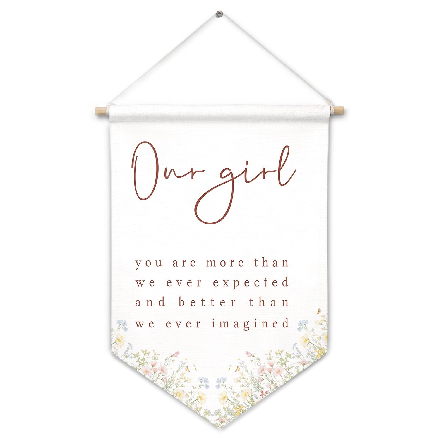 Cilrii Boho Wildflower Girl Nursery Canvas Banner Wall Decor, Girls Room Decor, Our Girl Inspirational Hanging Pennant Flag Banner for Baby Little Girls Room Nursery Playroom
