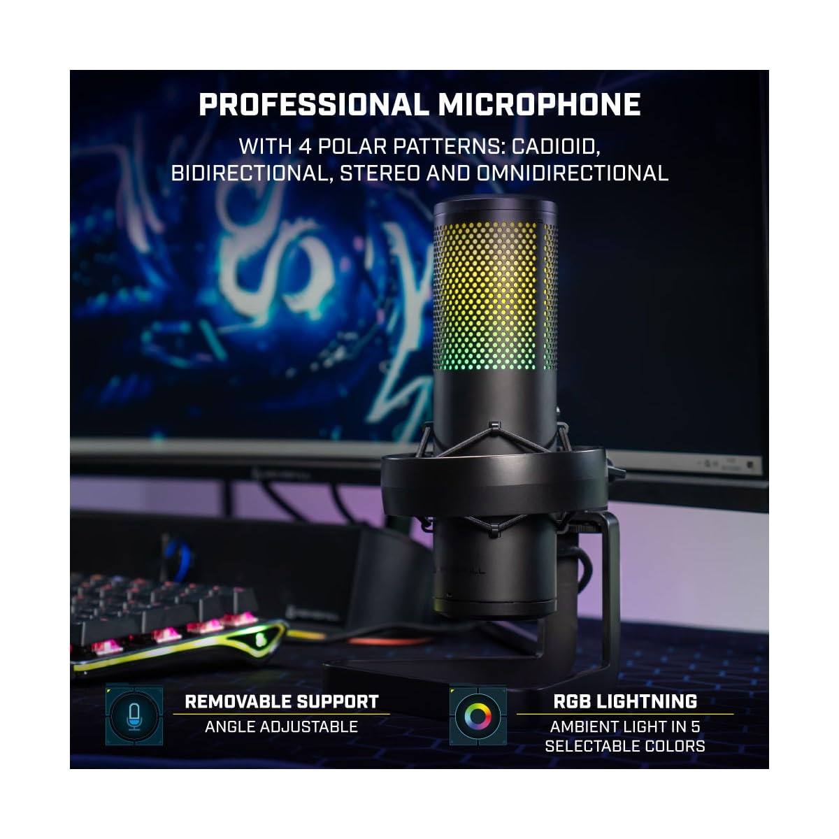 NEWSKILL Apholos Pro, Microphone à condensateur Professionnel pour Le Jeu et Le Streaming, 4 Modes de Captation, Boutons tactiles, éclairage RVB, Connexion USB, Noir