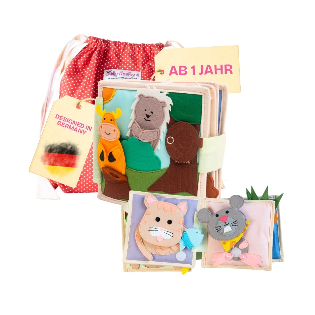 Jolly Designs – Tierfreunde - 6 Seiten Mini Quiet Book – Montessori Spielzeug ab 4 Monaten – Motorik & Sensorik fördern – Handgefertigtes Filzbuch – Lernspielzeug für Kleinkinder – Busy Book