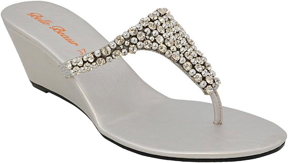 ESSEX GLAM Womens Toe Post Sparkly Diamante Silver Synthetic Dressy Wedge Heel Sandals 8 B(M) US