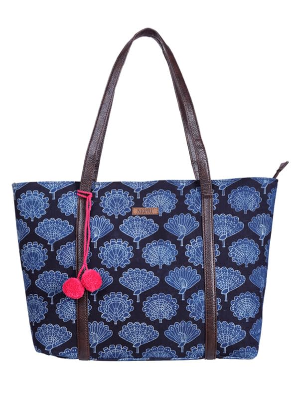 Image of NEPRI Oversized Office Tote Bag | Stylish Tote Bags | Purse for Women | Vegan Leather & Hanblock Printed Fabric Handbag with Double Handle Shoulder Strap| Daily & Travel Use