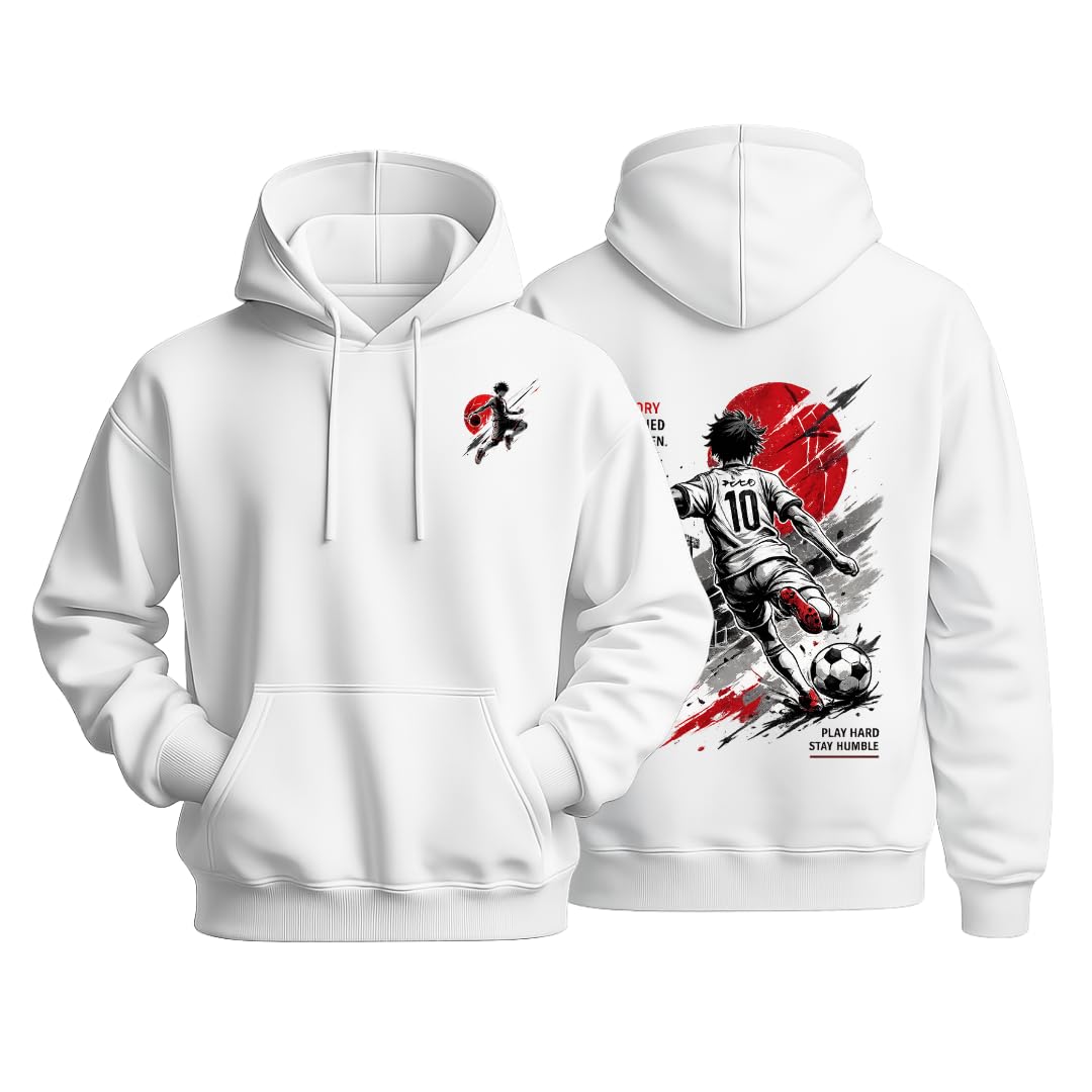Premium White Anime Soccer Hoodie for Men & Women | Oversized 100% Cotton Hooded Sweatshirt | Japanese Football Graphic Back Print-image-6