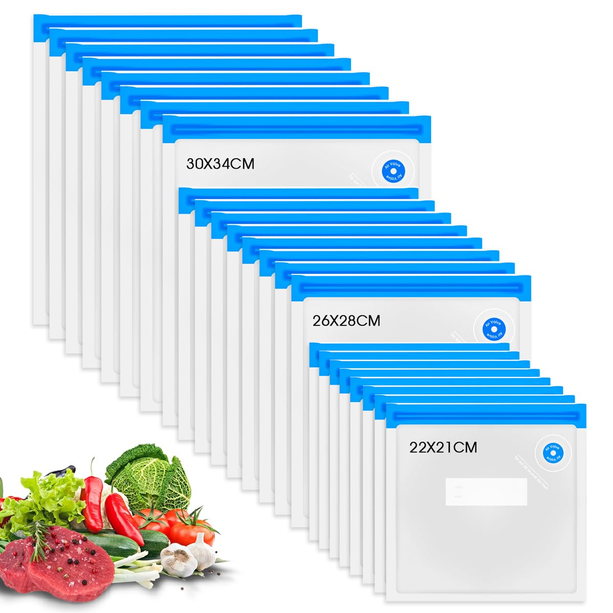 VOYOR Reusable Vacuum Sealer Bags for Food Storage – 3 Sizes & 24PCS, Machine Not Included (Blue) VS211