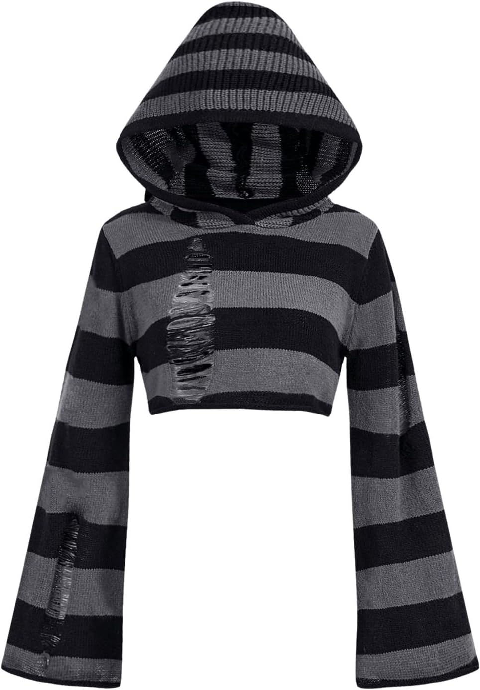 SOLY HUX Women's Striped Hooded Sweater Goth Y2k Ripped Bell Long Sleeve Knit Pullover Crop Tops
