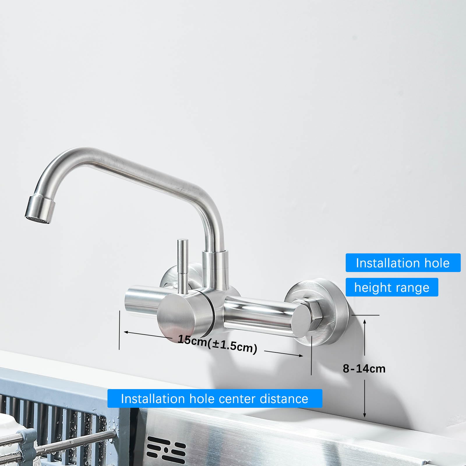 Grifo Cocina de Pared 15 cm Orificio de Montaje, Grifería de Mezclador Monomando de Acero Inoxidable 304, Grifería de Fregadero Rotación de 360​°, Agua Fría y Caliente, Plateado