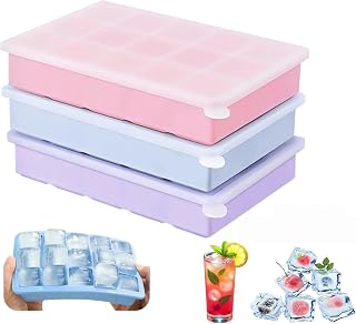 3 Pack Ice Cube Tray with Lid, 45 Cube Ice Cube Trays, Silicone Ice Cube Trays Reusable and BPA Free for Whiskey, Cocktail, Drinks, Freezer, Soup (Pink, Blue, Purple)