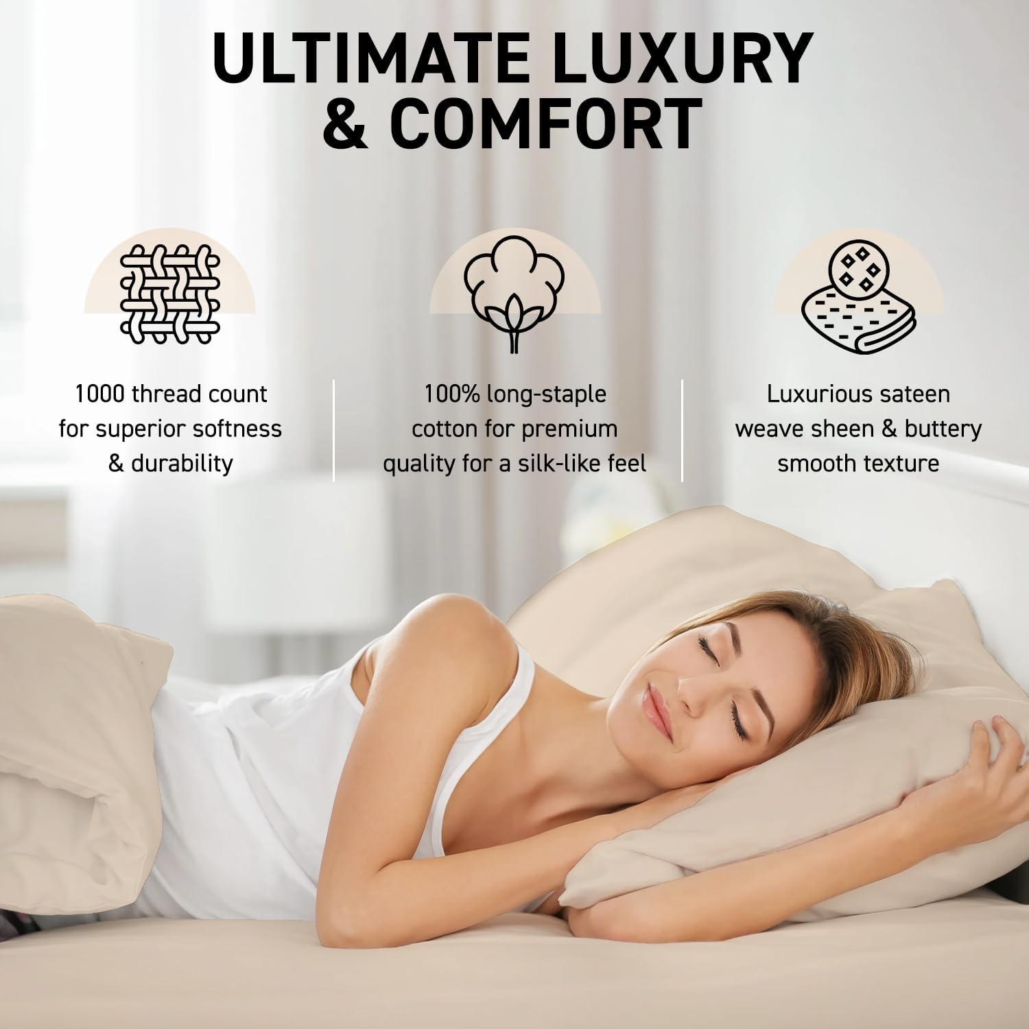 Luxury Egyptian Cotton Queen Size Sheet Set - 1000 Thread Count 6 Piece Queen Sheets with 4 Pillowcases, Soft, Cooling Sateen Weave Bed Sheets - Fits Upto 16” Deep Pocket - Ivory