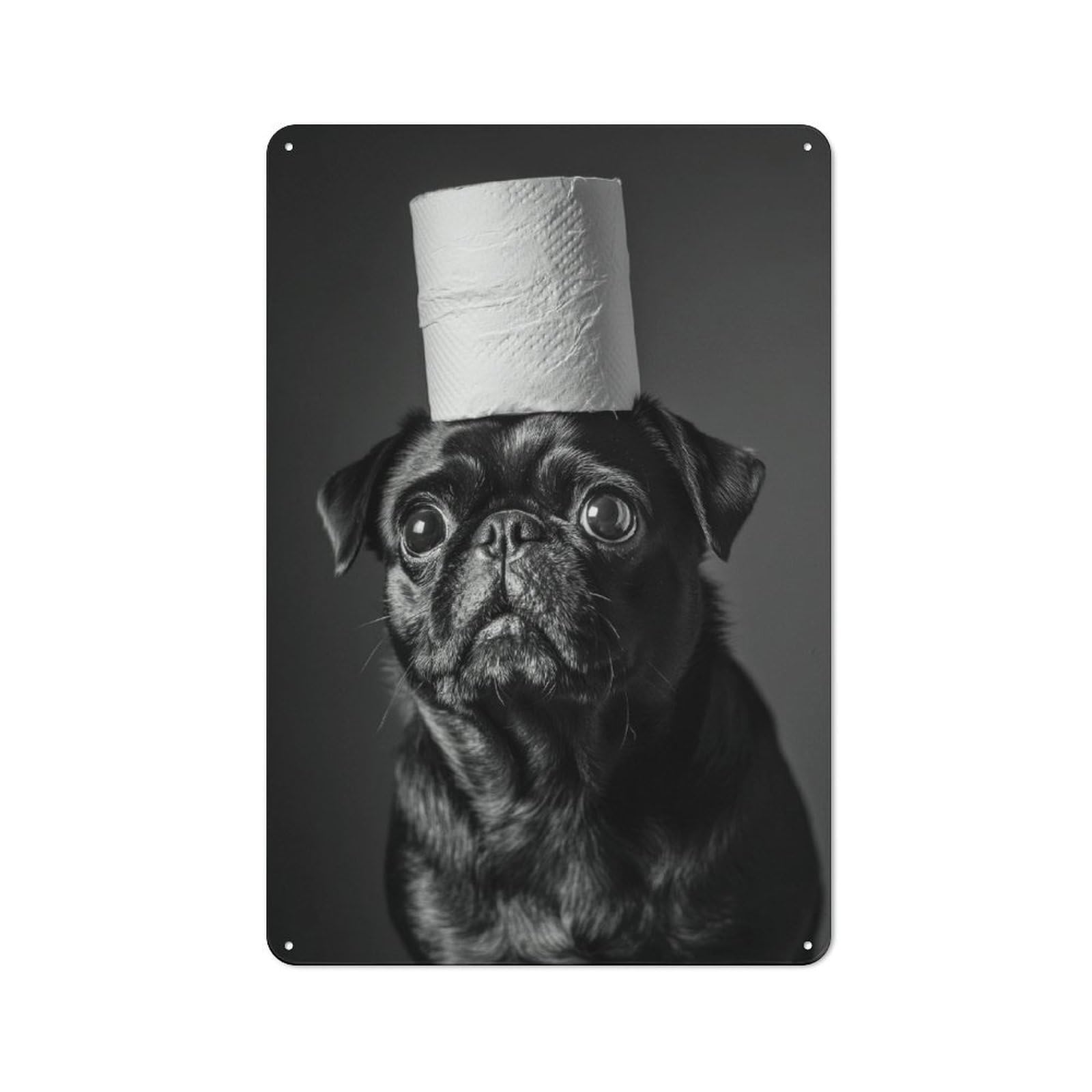 Junmoney Style-13 Tin Wall Plaque 30X20cm With Pug With Toilet Paper For Guest Room Or Hallway, For Garage, Workshop And Man Cave Decoration