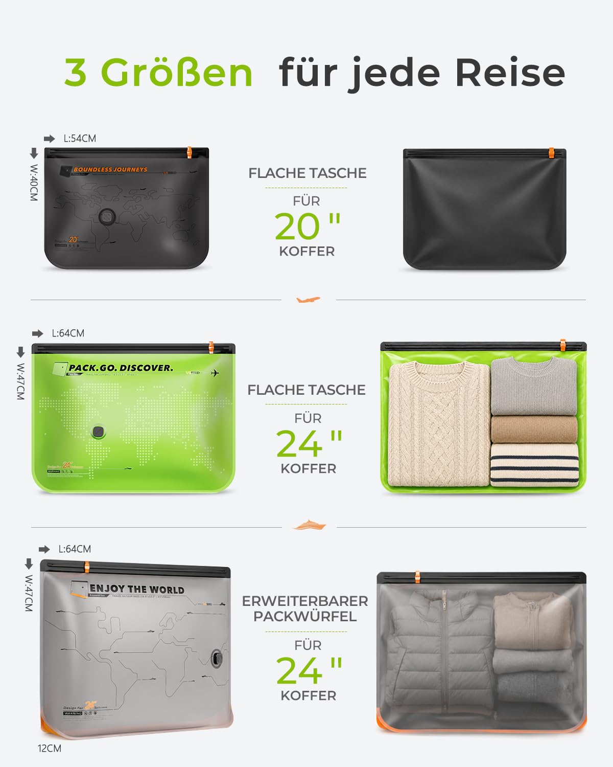 Vacbird 20 Stück Vakuumbeutel für Kleidung mit kabelloser Vakuumpumpe, 8 x 40x54cm, 8 x 47x64cm, 4 x 47x64x12cm, platzsparende Vakuumierbeutel für Kleidung – ideal für Reisen und Kofferorganisation