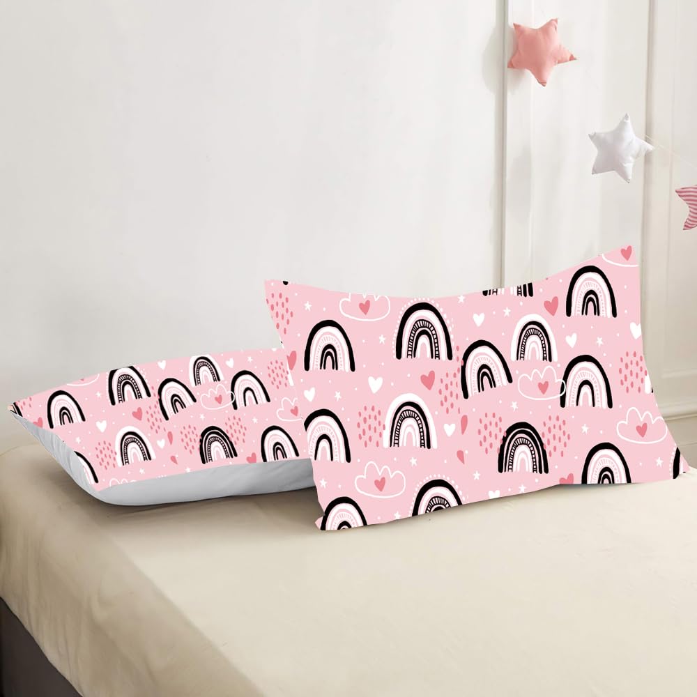 Set di biancheria da letto arcobaleno per bambini 135x200cm, set di biancheria da letto per ragazze rosa con stampa 3D di cartoni animati con stelle, luna, nuvole e cuori (A-2, 135 x 200 cm)