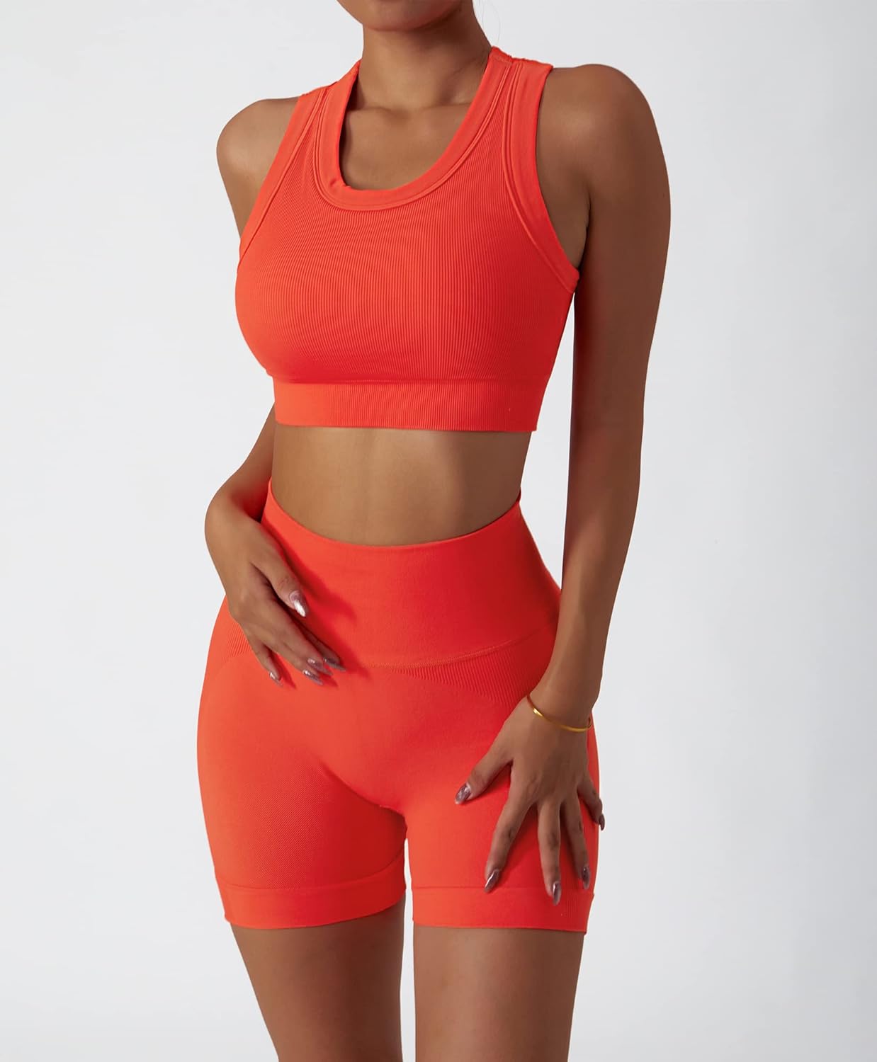 Workout Sets for Women 2 Piece Seamless Ribbed Tank Top Sport Bra High Waist Biker Shorts GYM Yoga Exercise Outfits - Image 3