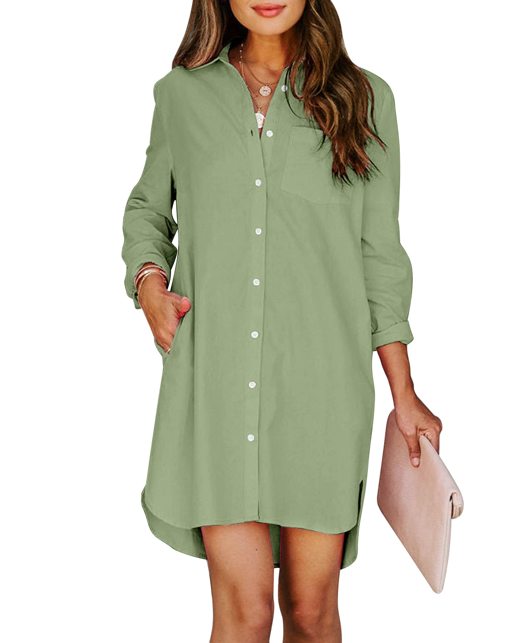Womens Button Down Shirt Dresses with Pockets Cotton Button Up Tunics Long Sleeve Solid High Low Blouse Tops