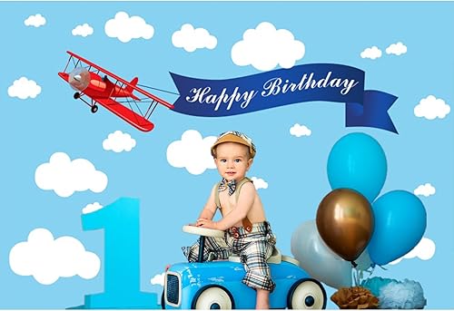 Miniatura 4 de Baocicco Telón de fondo de feliz cumpleaños de 7 x 5 pies con diseño de avión rojo, cielo azul, nube blanca, feliz cumpleaños, fotografía, fondo,