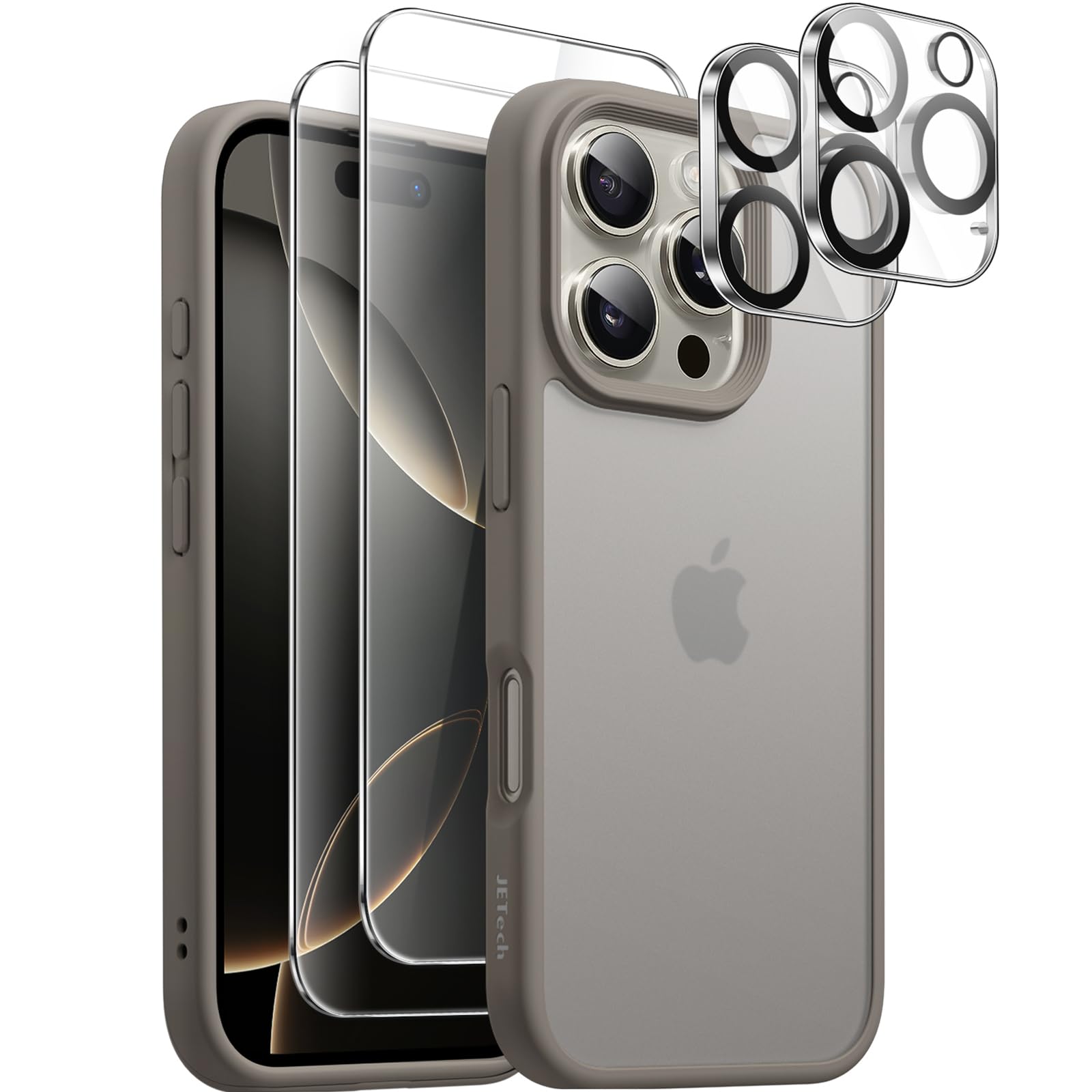 JETech 5 in 1 Matte Case for iPhone 16 Pro Max 6.9-Inch with 2-Pack Each Tempered Glass Screen Protector and Camera Lens Protector, Translucent Back Shockproof Phone Cover (Natural Titanium)