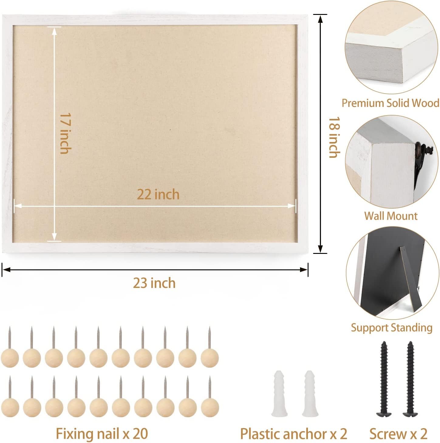 Bacheca in Sughero, Bacheca da Parete 60x45cm, Lavagna Sughero con 20 Puntine, Bordo in Legno, Adatto per Ufficio, Scuola, Decorazione Murale, Decorazione d'interni (Bianco)
