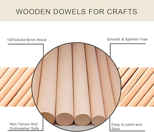 Miniatura 4 de HOSSIAN Varillas de Espiga de Madera 20PCS Palos de Madera Espigas de madera para Manualidades-Palos Redondos de Madera Dura Sin Terminar (Madera de