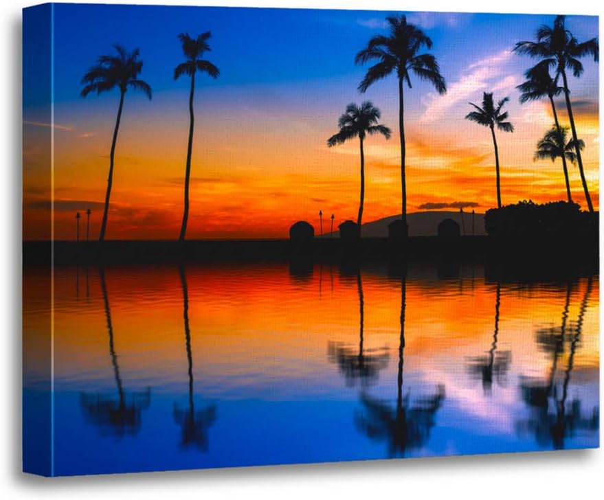 Emvency 12"x16"(30x40cm) Canvas Painting Wall Art Red Landscape Blue Orange Sunset with Palm Trees Tahiti Tropical Beach Beautiful Big Home Decorative Artwork Prints