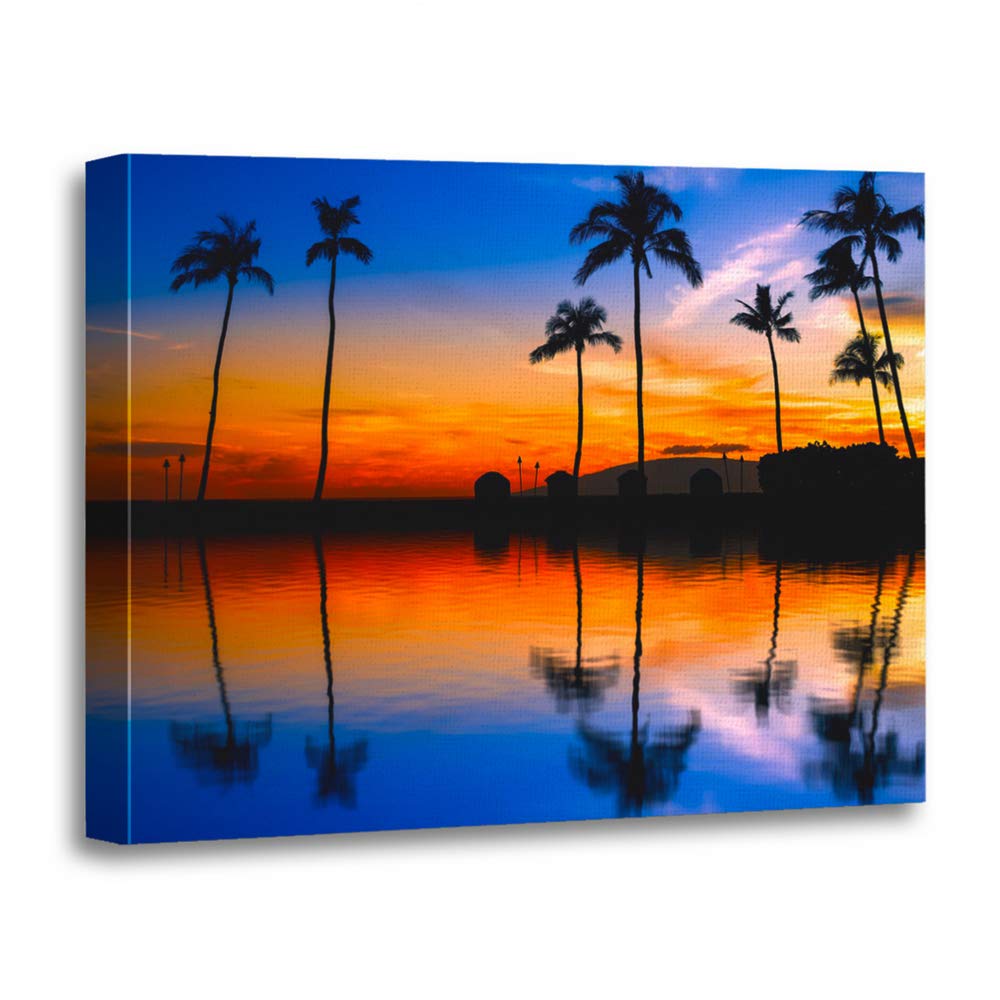Emvency 12"x16"(30x40cm) Canvas Painting Wall Art Red Landscape Blue Orange Sunset with Palm Trees Tahiti Tropical Beach Beautiful Big Home Decorative Artwork Prints