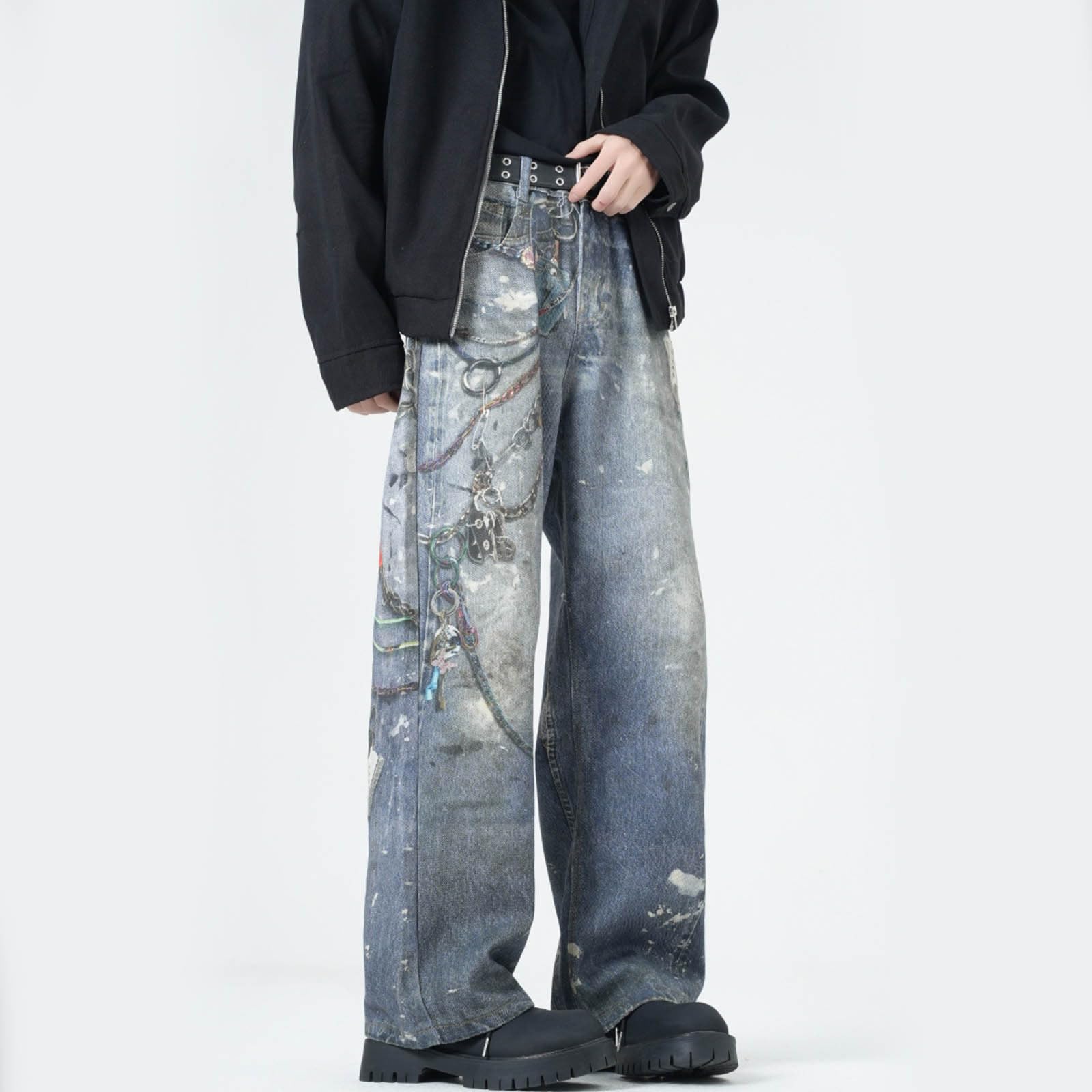 Generico Jeans Uomo Baggy Balloon Moto Strappati Fit Slim Pantaloni Flared Loose Elefante Larghi Invernali Jins Y2K Salopette Zampa Bootcut