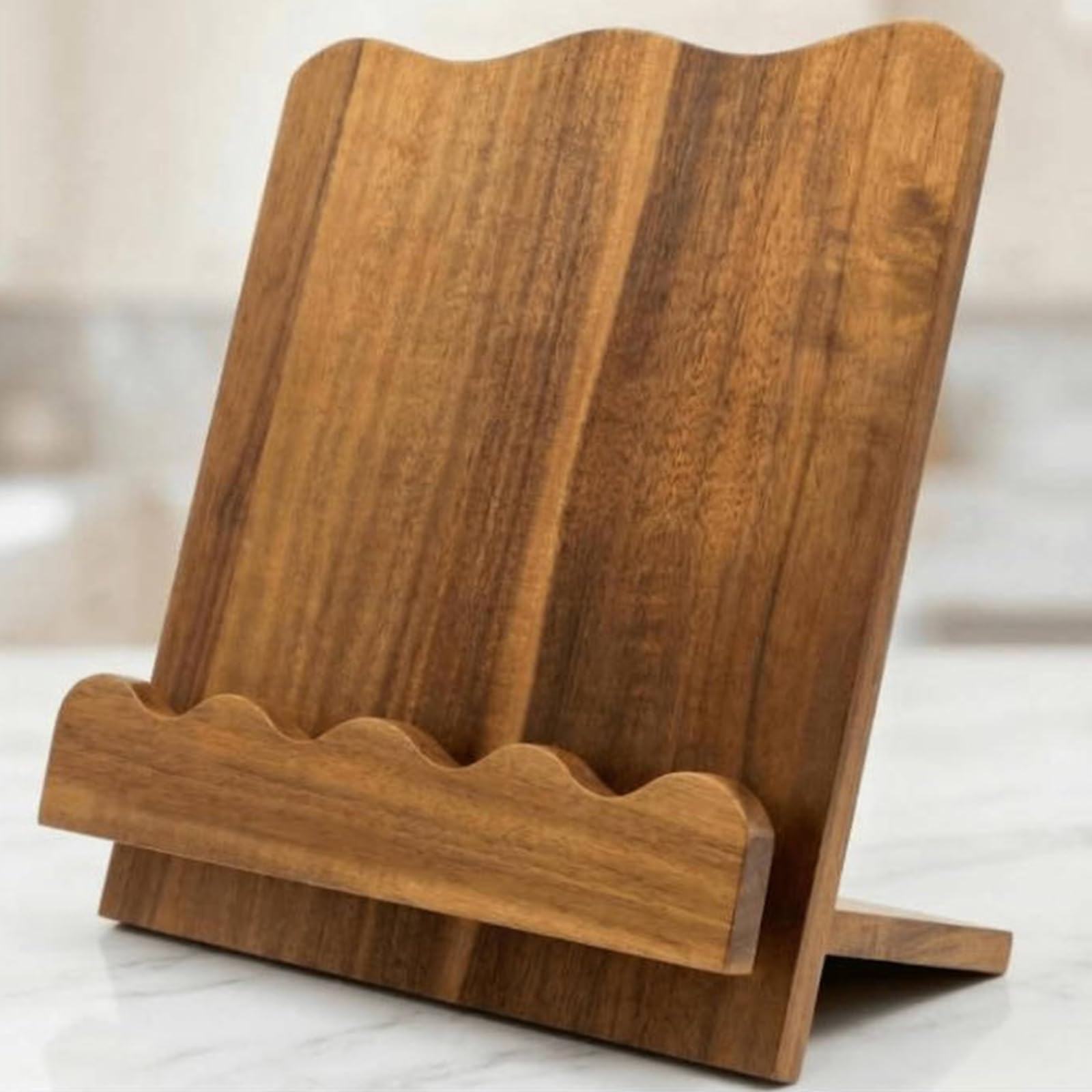 Soporte para libros de escritorio con detalle frontal redondeado, panel de lectura de madera, soporte de labios estable, visualización de recetas abiertas para espacio de trabajo de cocina, área de de