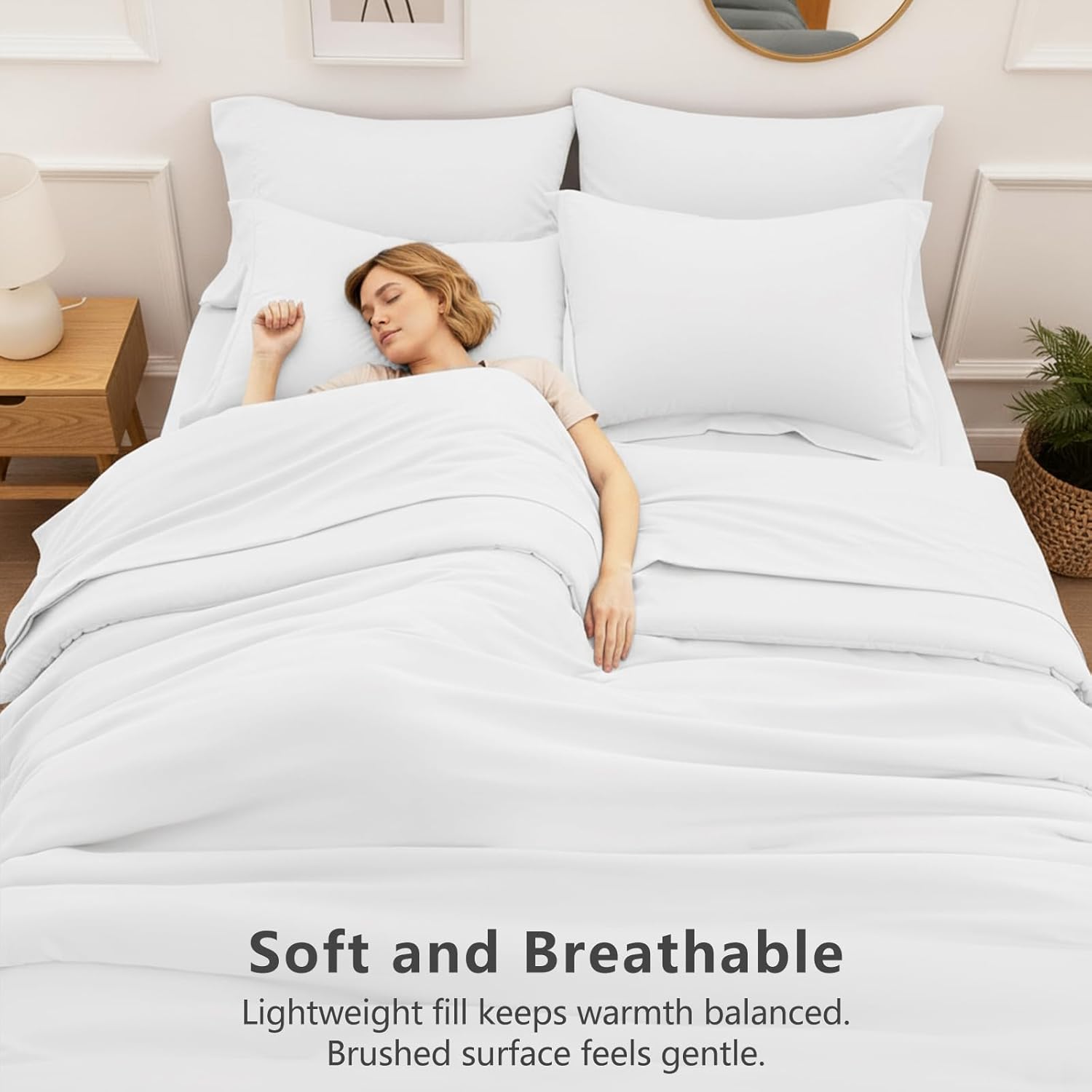 King Size Comforter Set White - 7 Pieces Bed in a Bag Lightweight Bedding Set, All Season Soft 7PC Bed Set with Comforter, Flat Sheet, Fitted Sheet, Pillowcases & Pillow Shams - Image 4