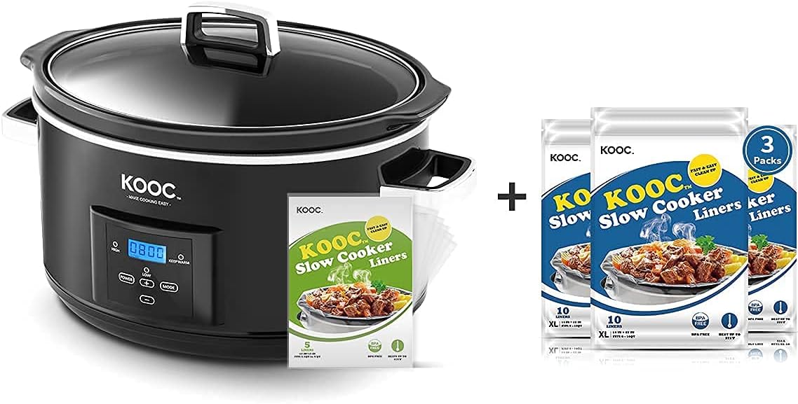 [Bundle Group] KOOC Programmable Slow Cooker 8.5-Quart (with 5 Bonus Free Liners) + Additional 3 Pack of 30 Liners for Easy Clean-up, Upgraded Pot, Adjustable Temp, Nutrient Loss Reduction